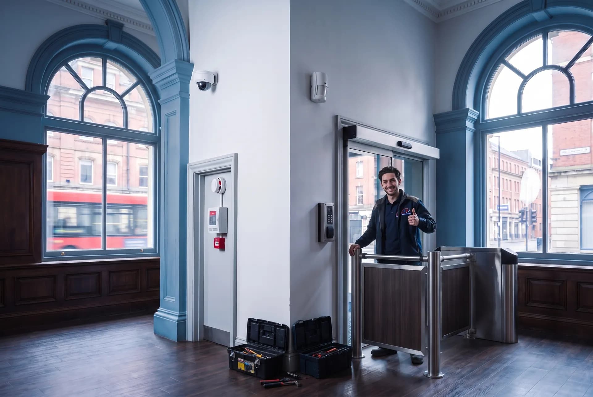 Entrance hall with arched windows, a glazed door and an entry barrier