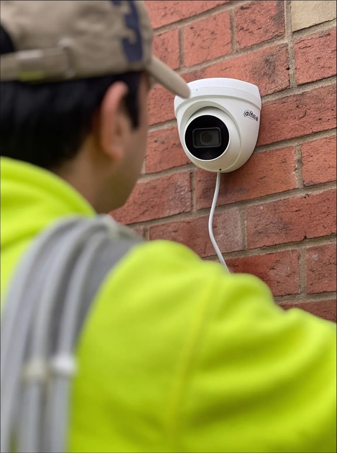 Installer in a hi-vis jacket fitting a dome camera to a brick wall