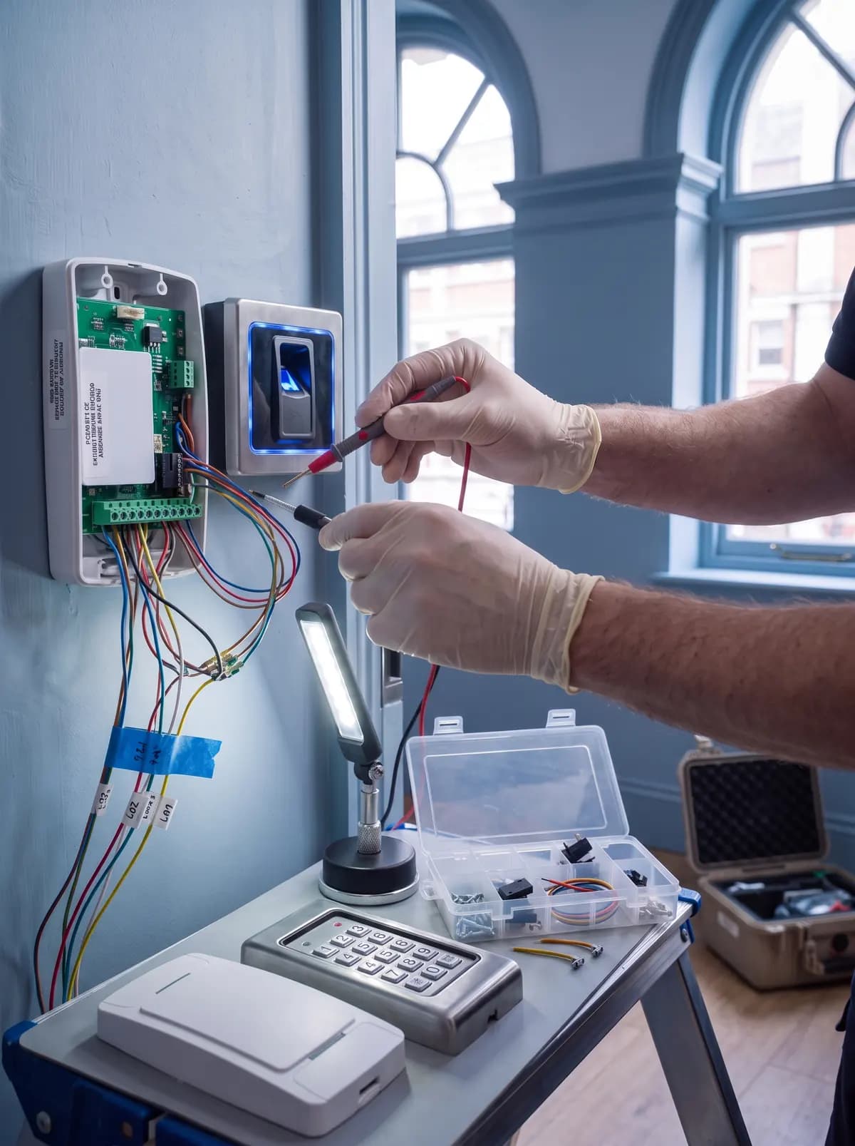 Gloved hands testing the wiring of an open access control unit on a wall