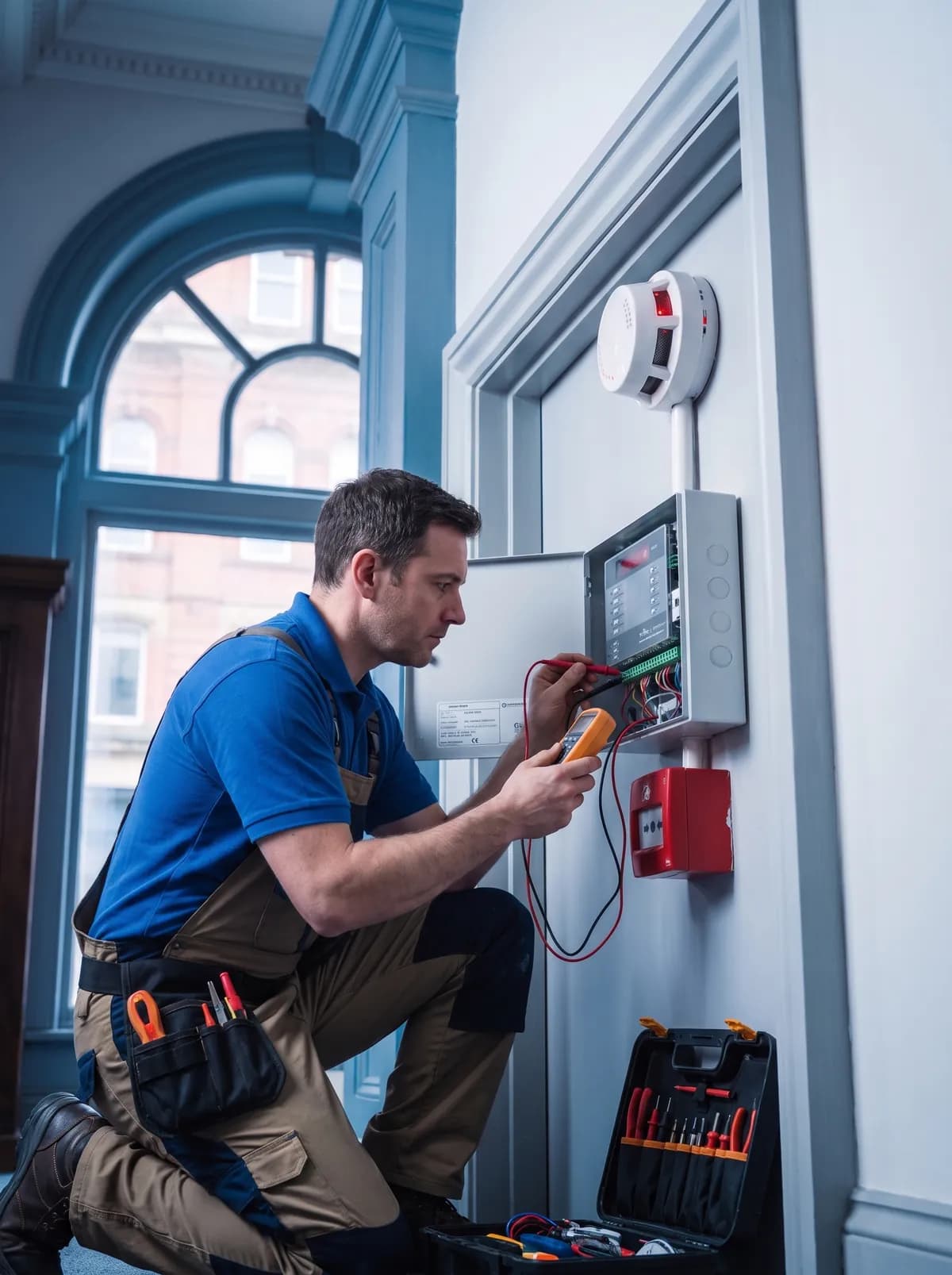 Engineer kneeling at a wall-mounted panel with a tool case