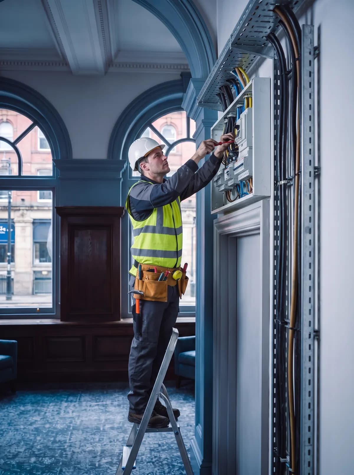 Engineer on a step ladder at an open electrical cabinet