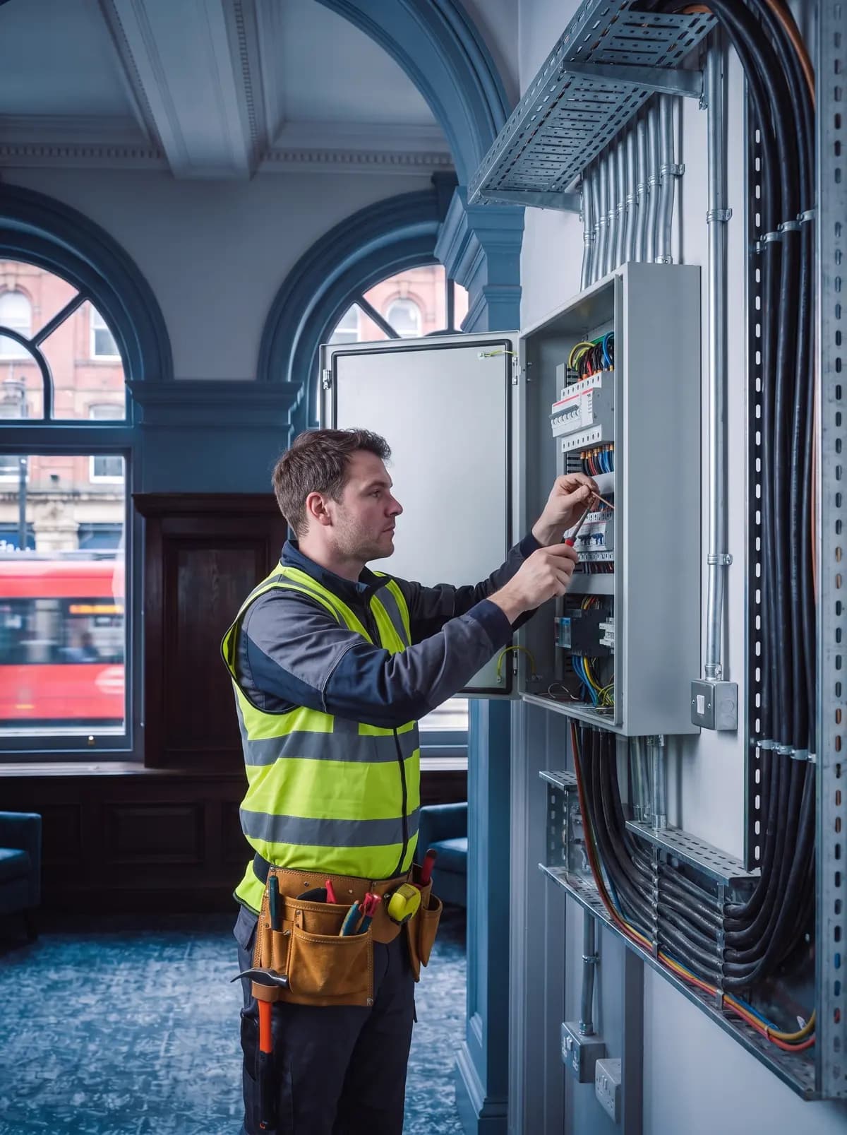 Engineer working at an open distribution board