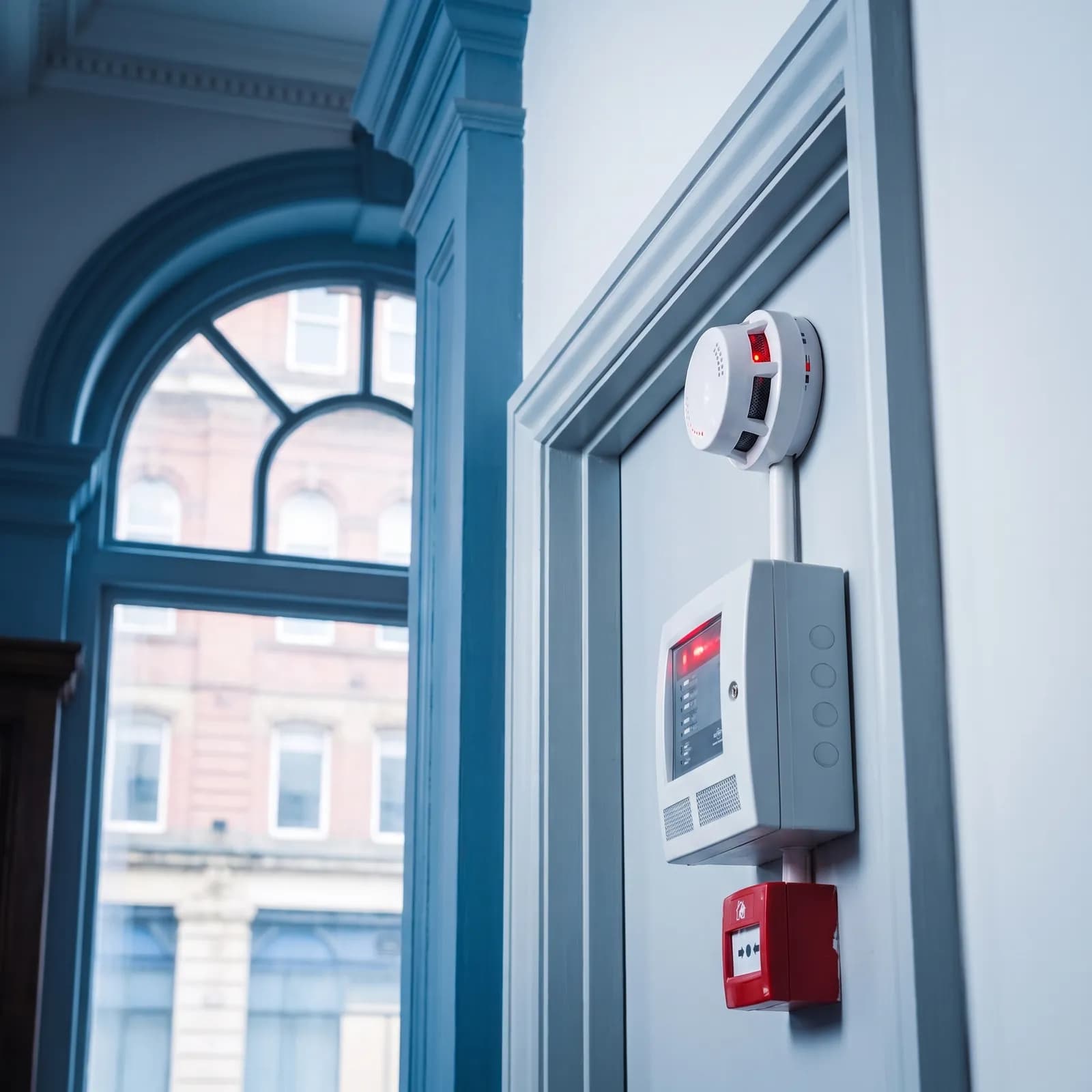 Fire alarm panel, smoke detector and manual call point on a wall beside a window