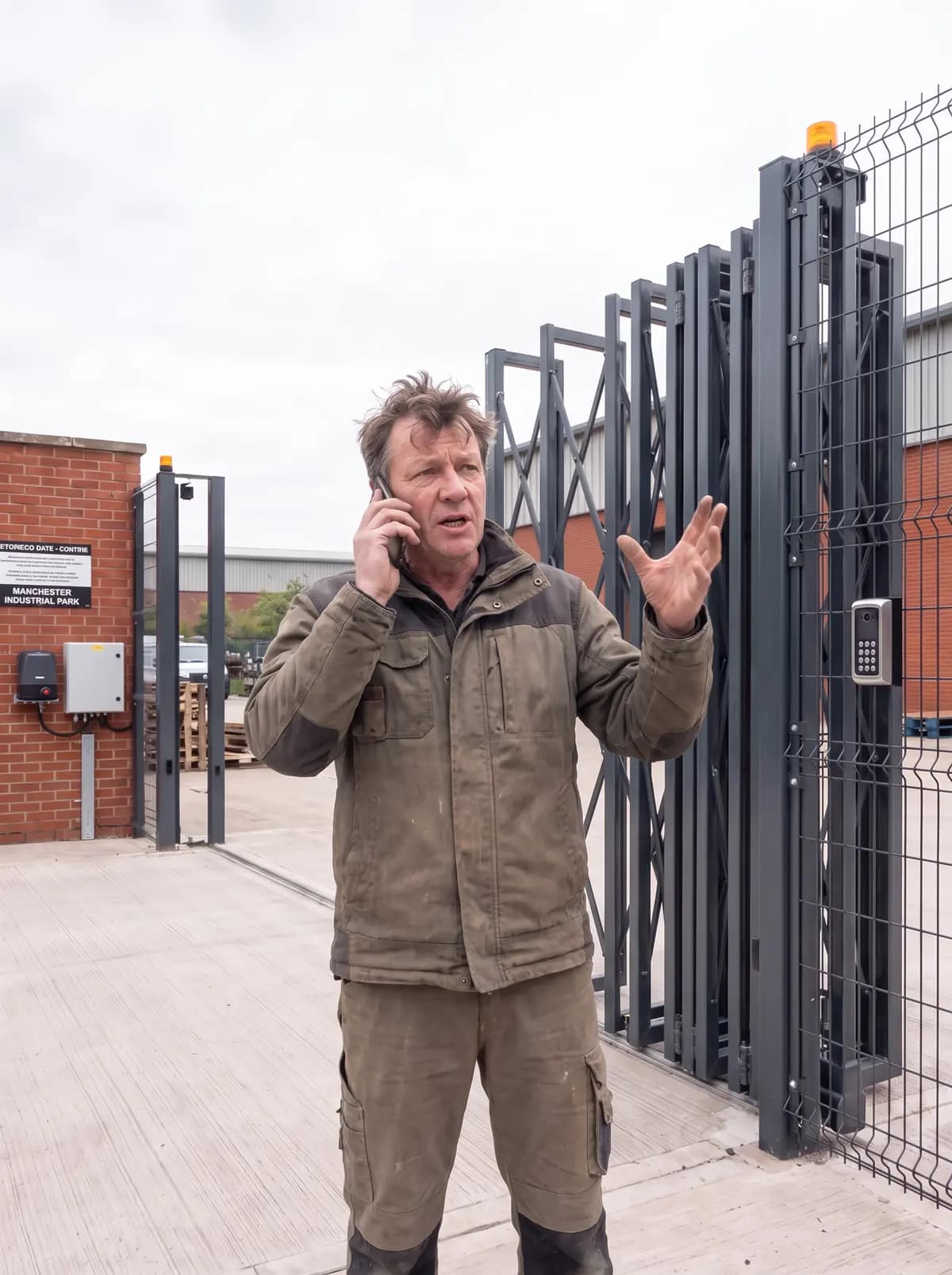 Man on the phone beside a security gate on an industrial site