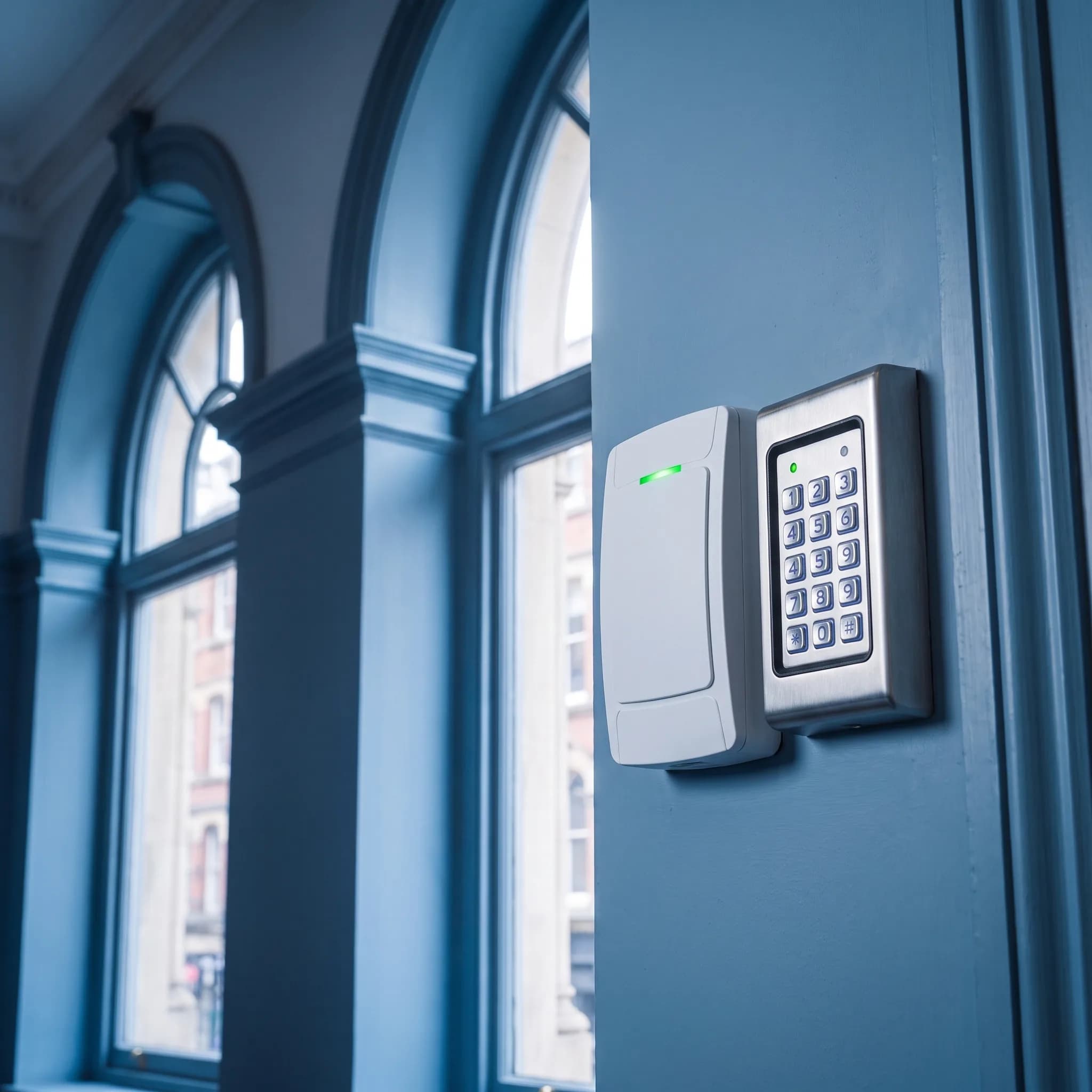 Access control keypad and card reader mounted beside a doorway