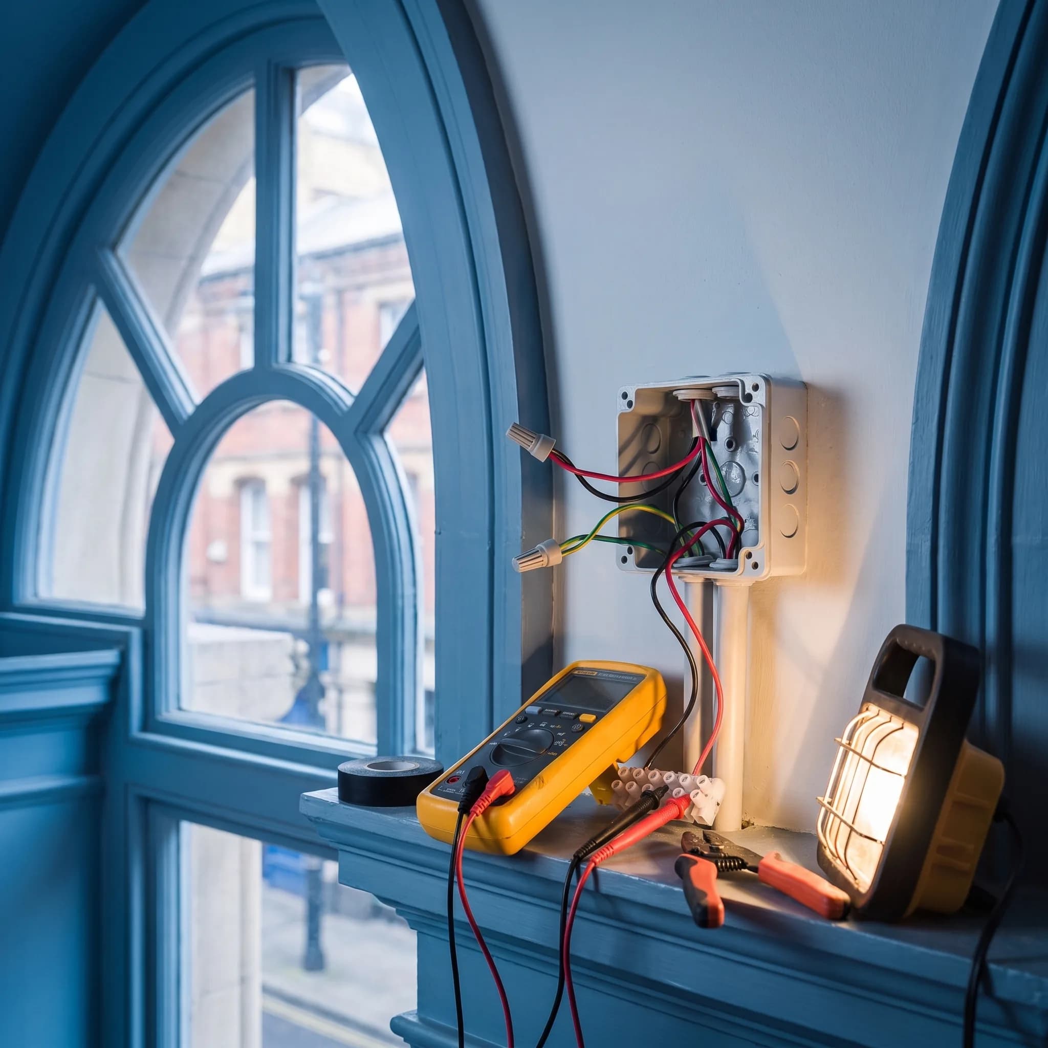 Electrician's multimeter and tools beside an open junction box