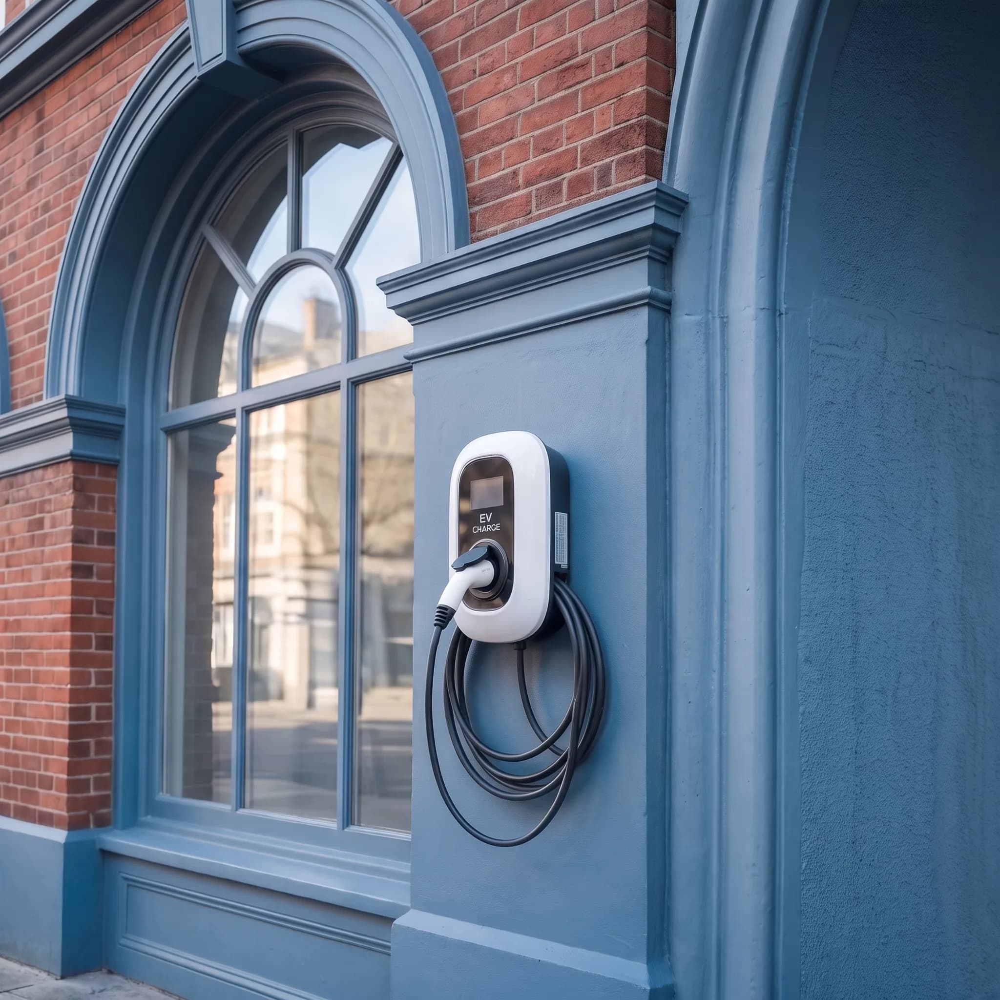 Wall-mounted EV charger with its charging cable coiled beneath it