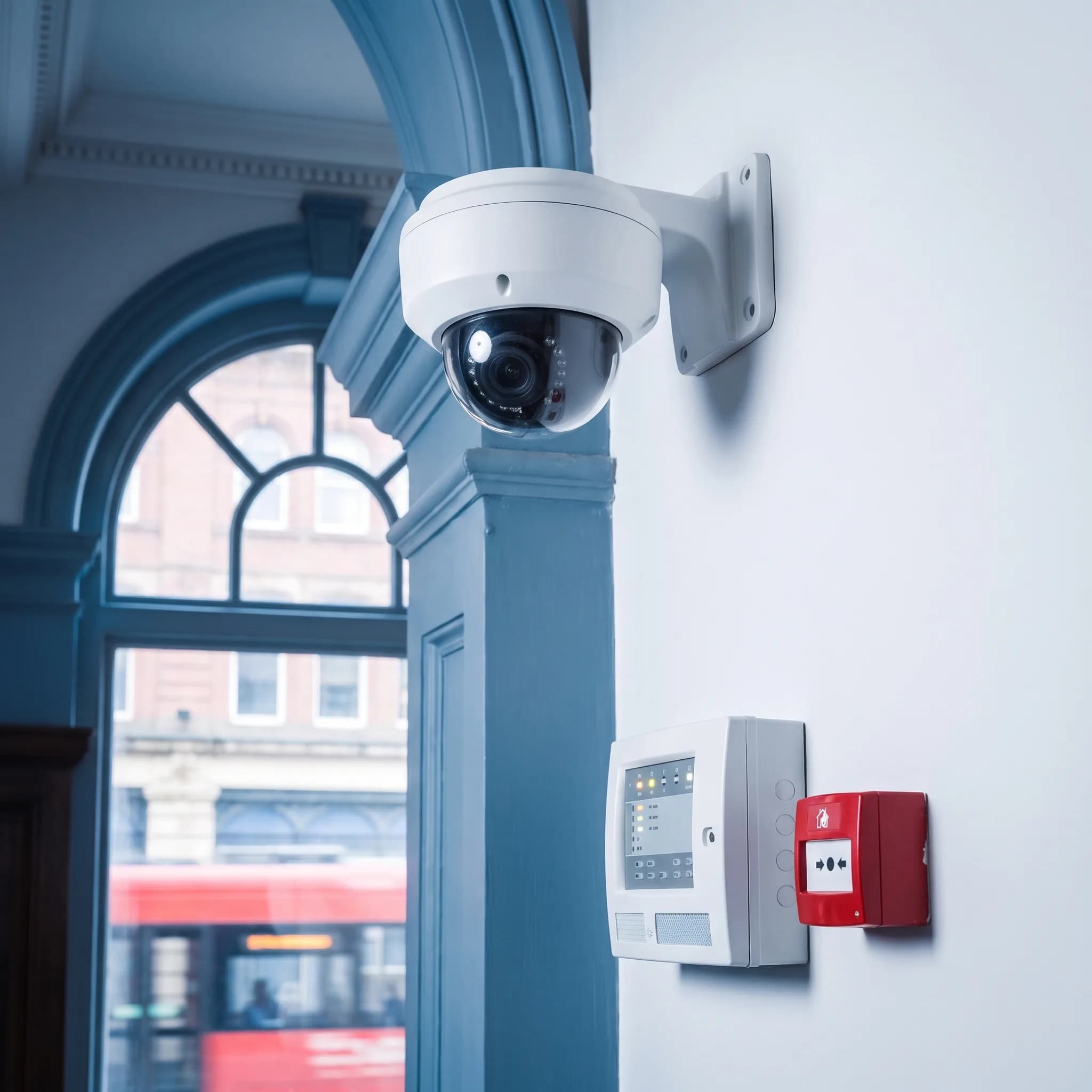 Dome CCTV camera and alarm control panel mounted inside a building entrance
