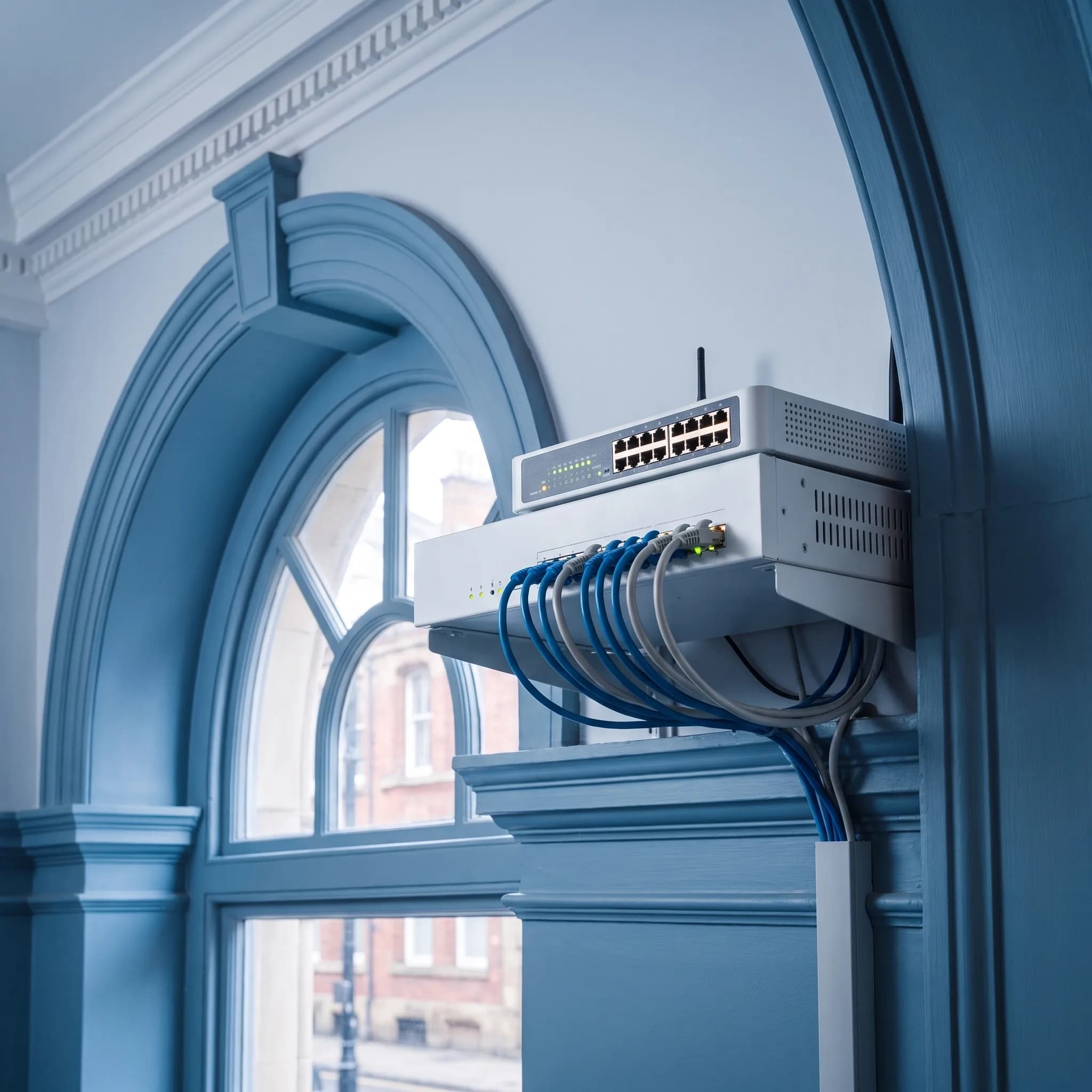 Network switches and patch cabling mounted on a wall