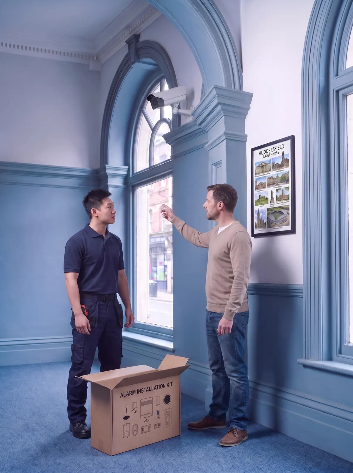 Client pointing out part of a wall to an engineer