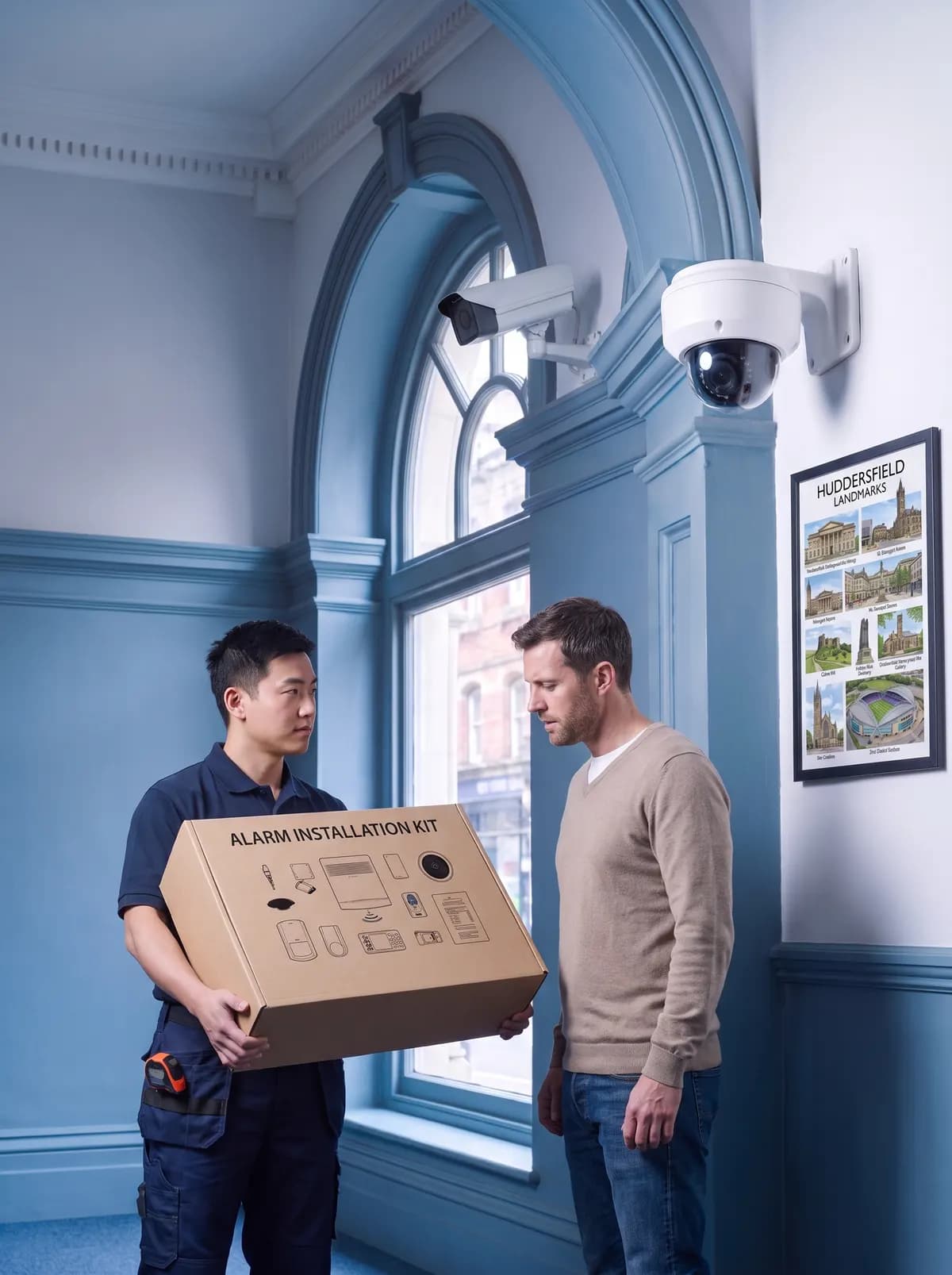 Engineer holding an alarm installation kit box beside a client