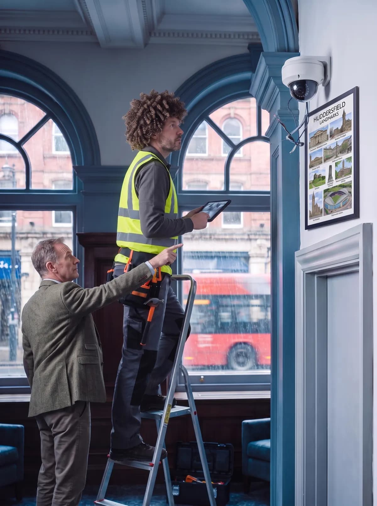 Client pointing out an area to an engineer on a step ladder beside a wall camera