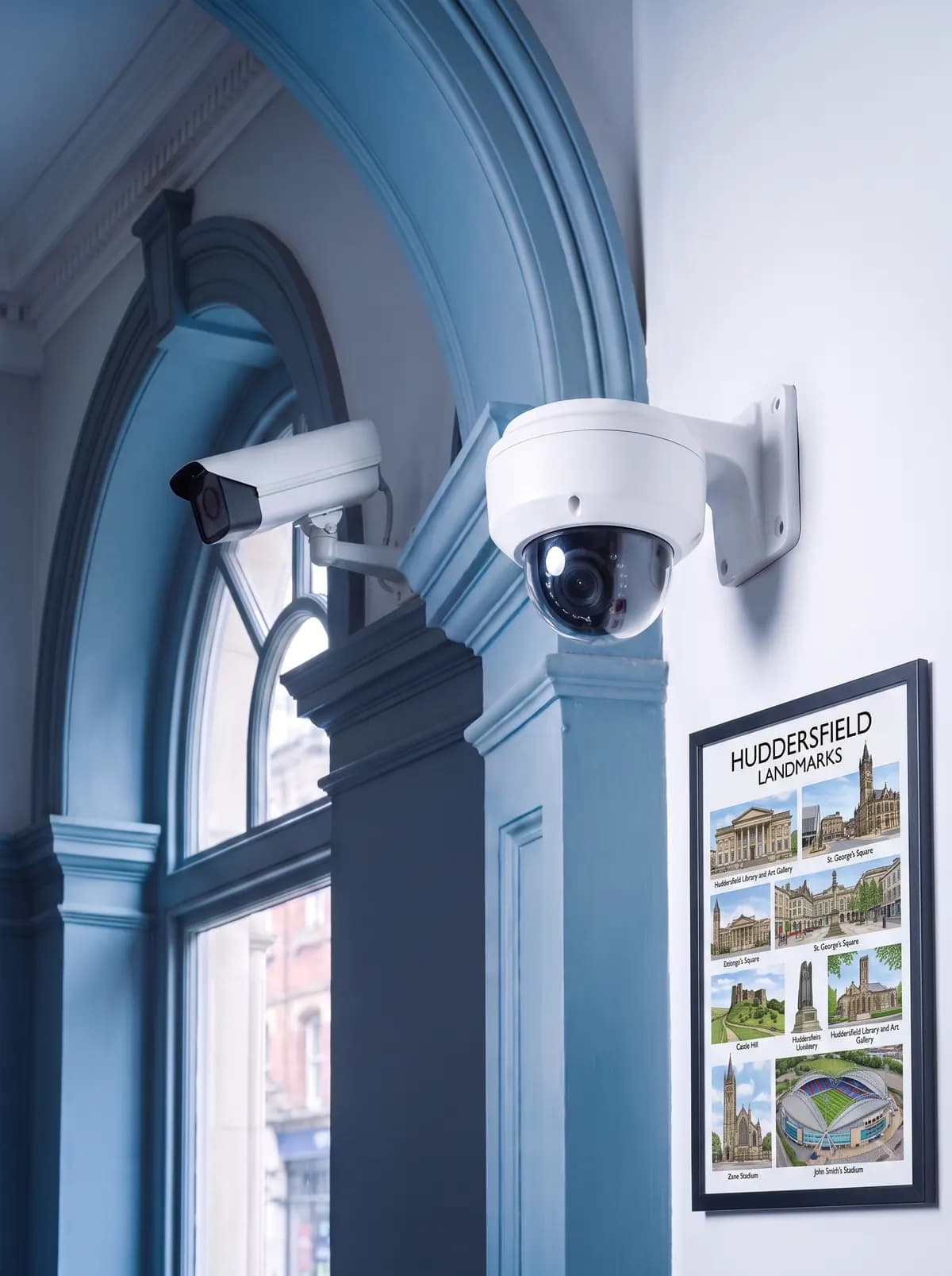 Dome and bullet CCTV cameras on a wall beside an arched window