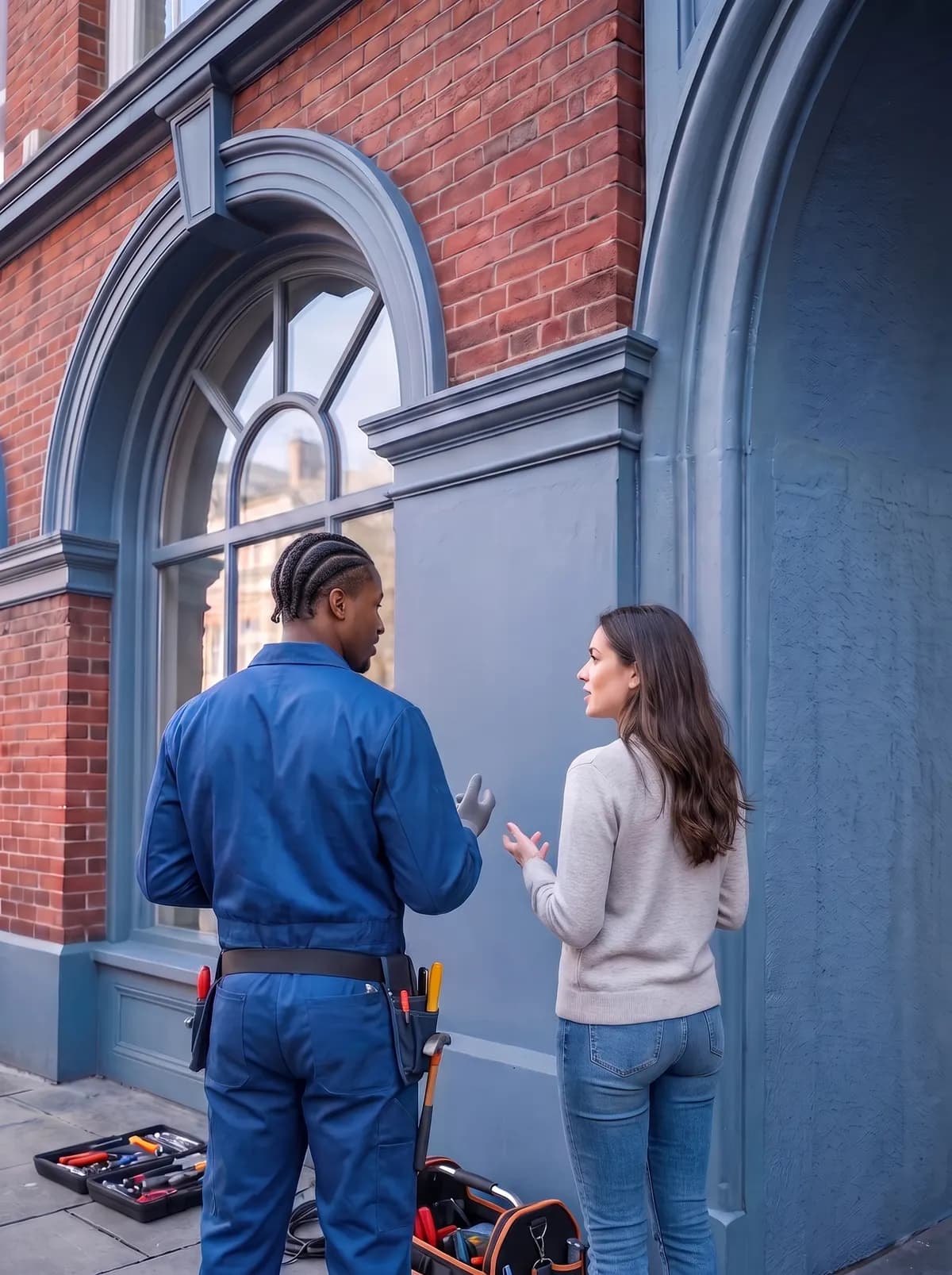 Engineer talking with a homeowner beside the house wall