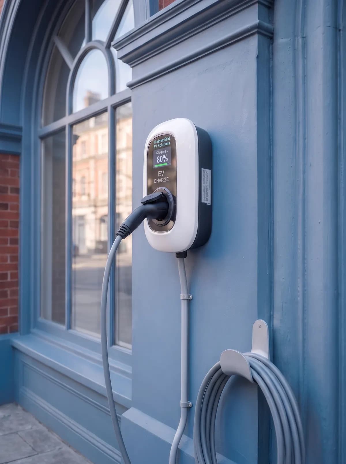 Wall-mounted EV charger with its cable on a painted wall