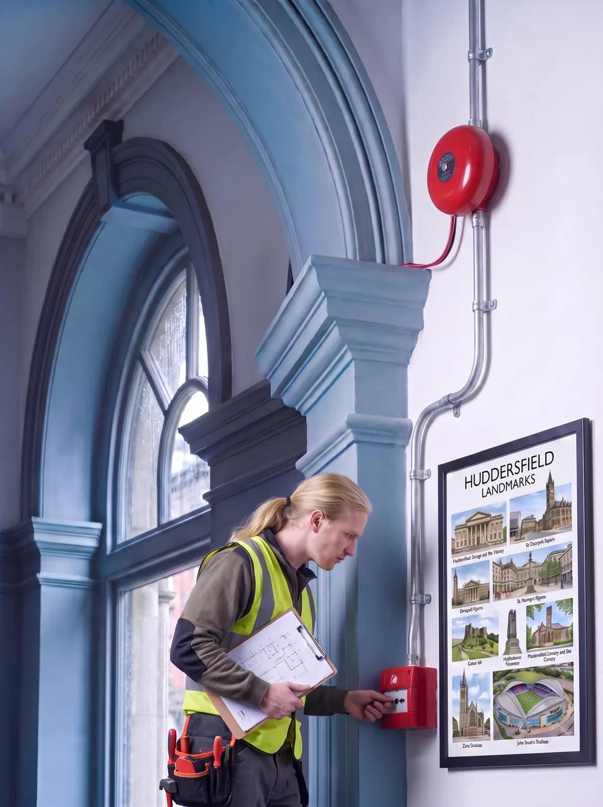 Engineer with a clipboard beside a wall-mounted call point
