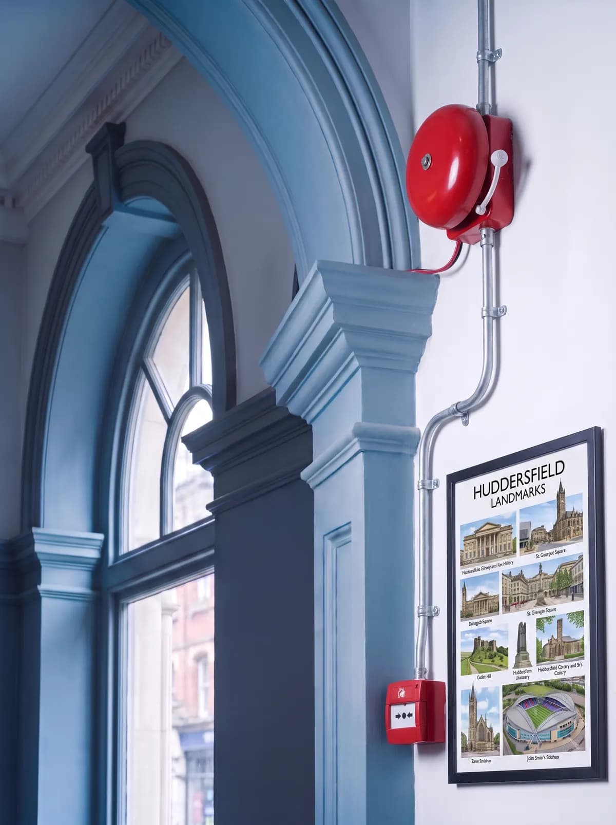 Red fire alarm bell and call point on a wall beside an arched window