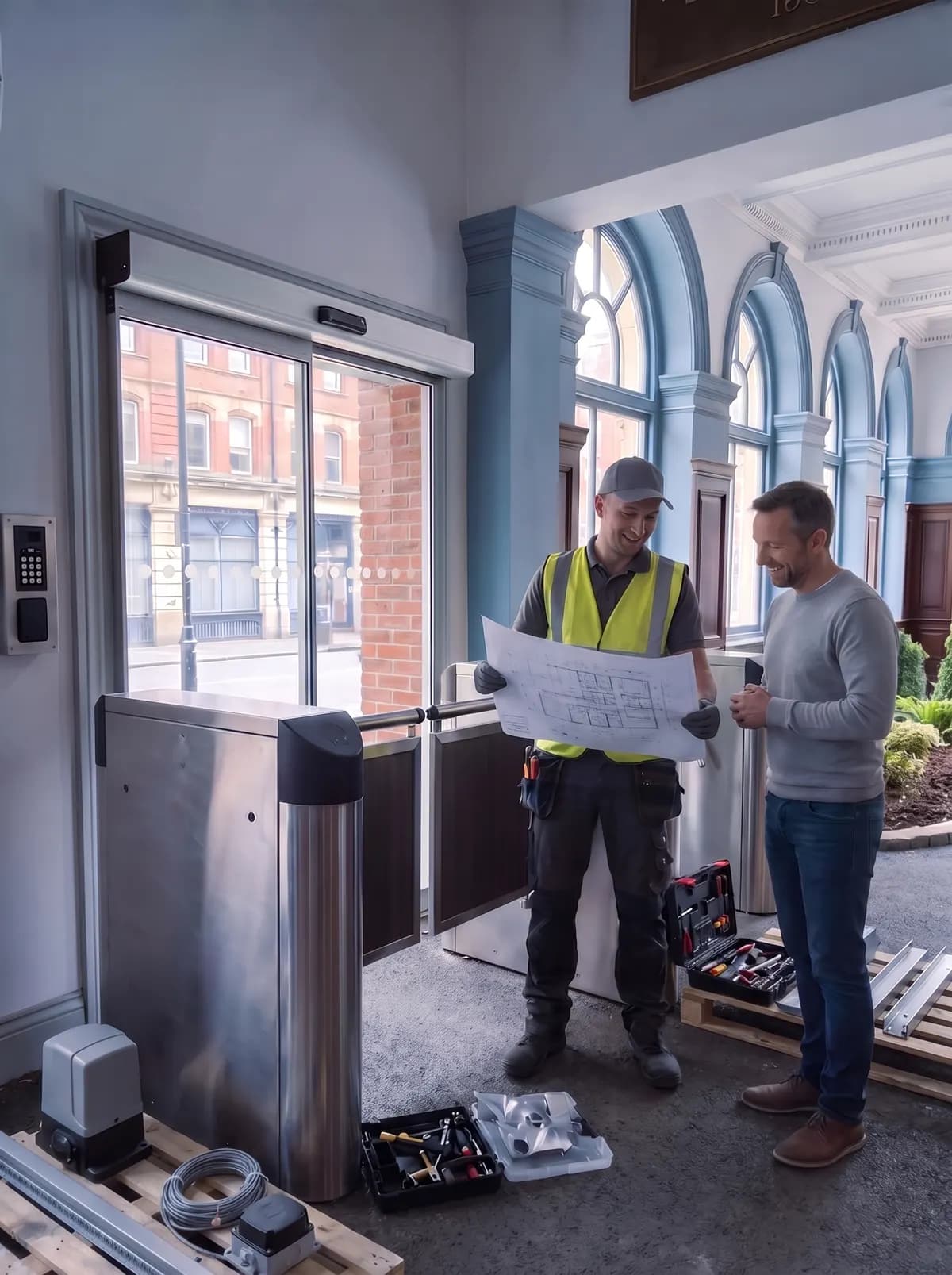Engineer holding a plan beside a client at a building entrance