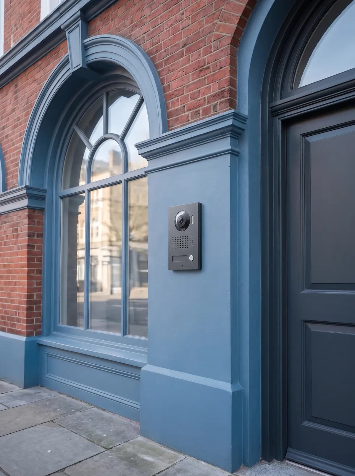Intercom panel mounted on the wall beside a front door