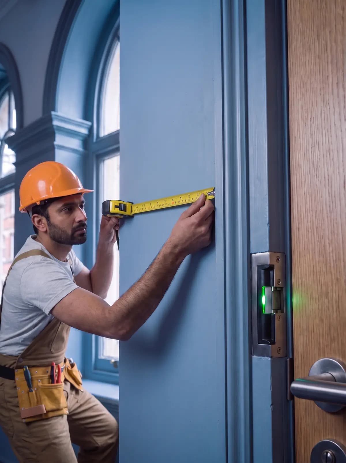 Engineer measuring a door frame with a tape measure