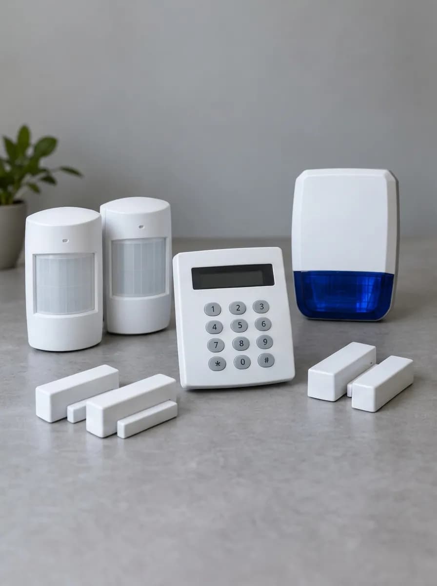 Alarm keypad, motion sensors, door contacts and bell box on a table