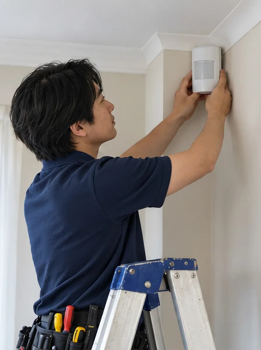 Engineer on a step ladder fitting a motion sensor high on a wall