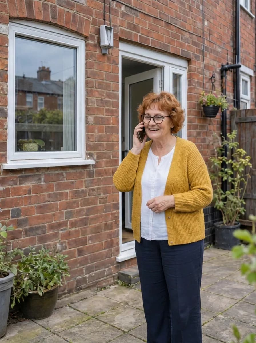 Homeowner on the phone in the back yard of a brick terraced house