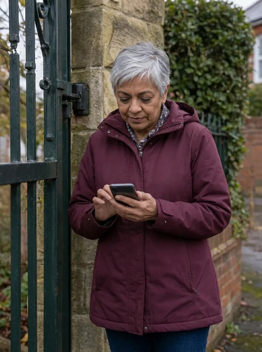Gate owner checking her phone beside an electric gate