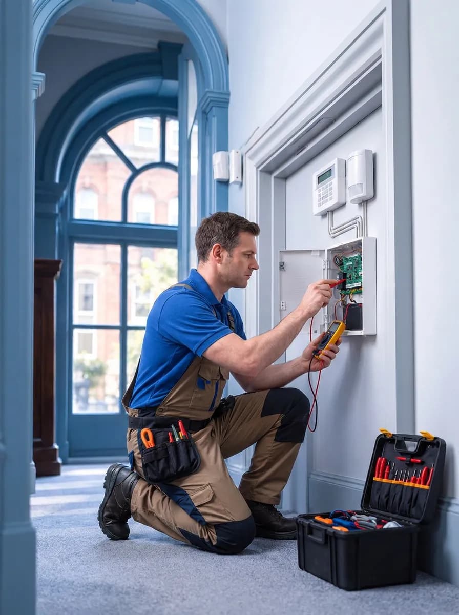Engineer testing a wall-mounted alarm panel with a meter, tool case beside him