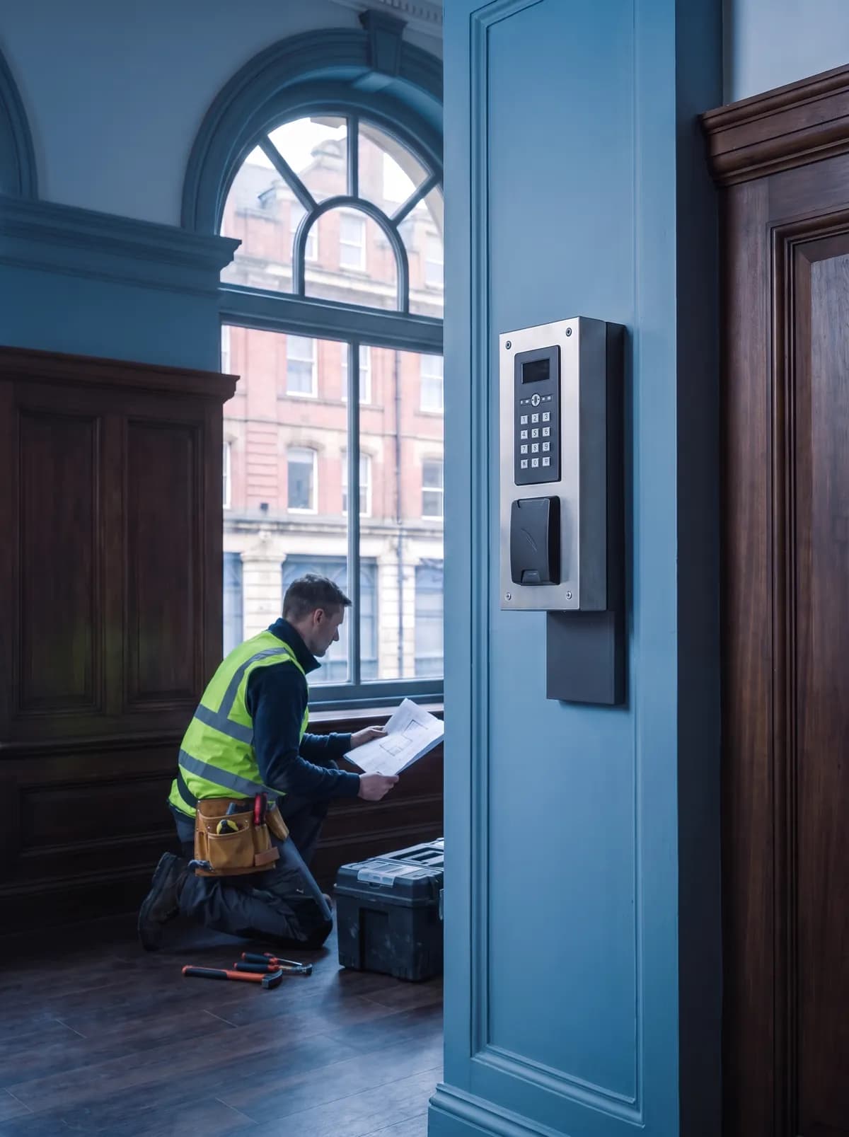 Engineer kneeling with paperwork beside a wall-mounted keypad