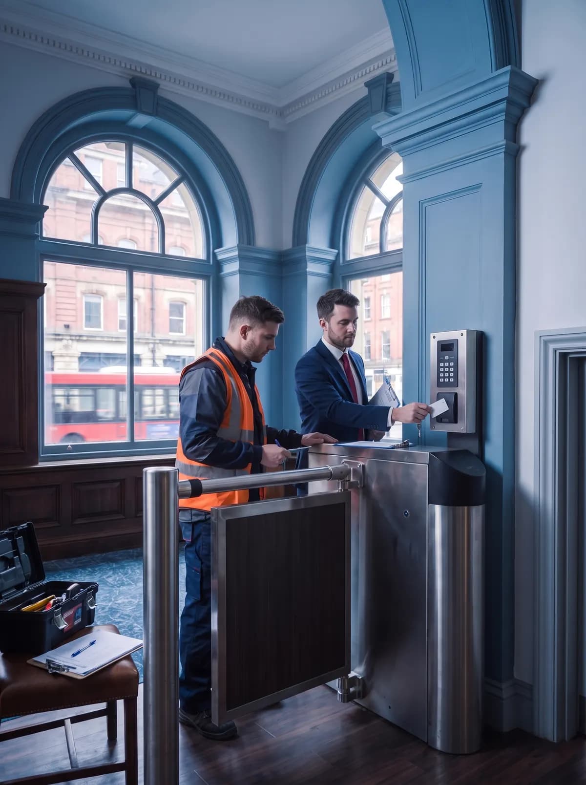 Engineer working on an entrance gate beside a keypad while a client watches