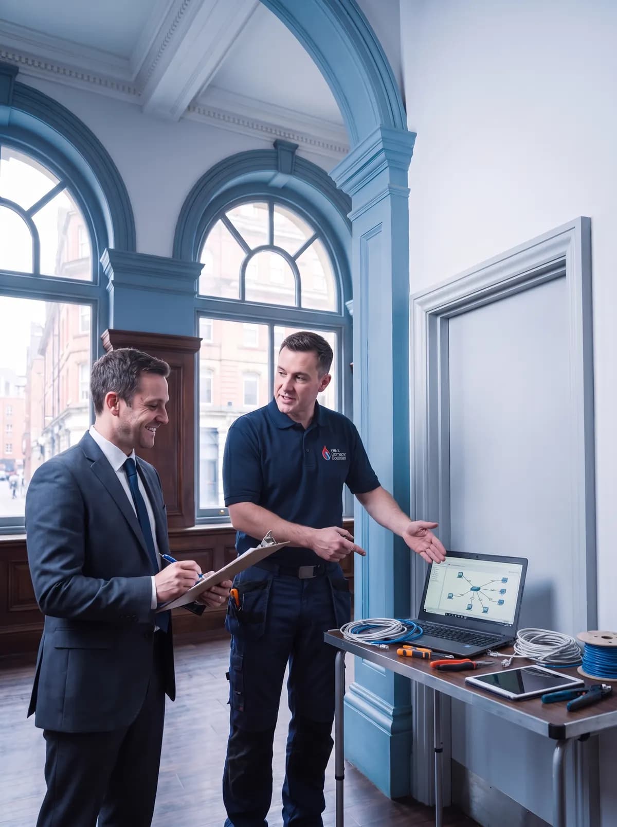 Engineer and client talking beside a table with a laptop and tools