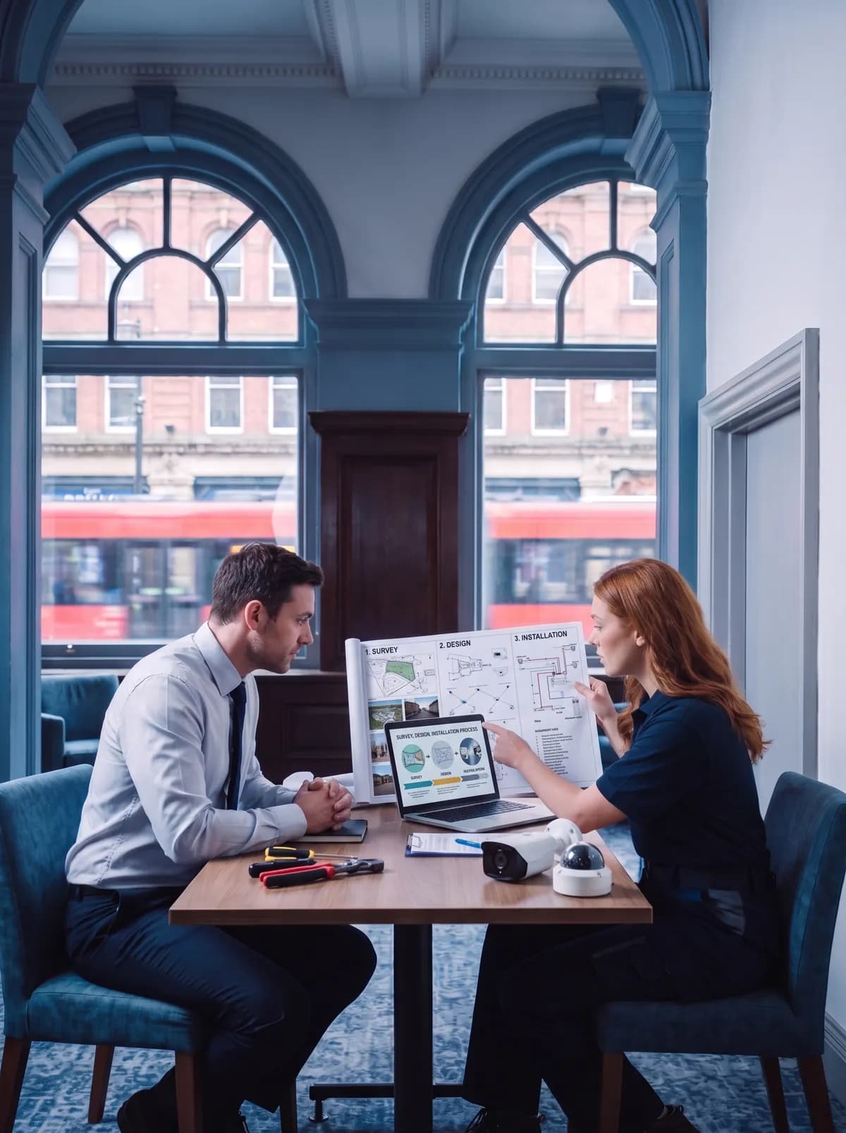 Engineer and client looking over a plan and a laptop at a table