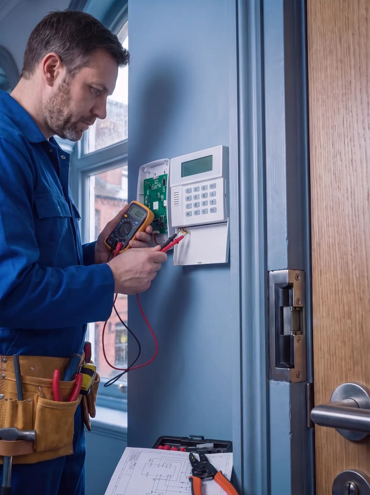 Engineer testing a wall-mounted alarm panel with a multimeter