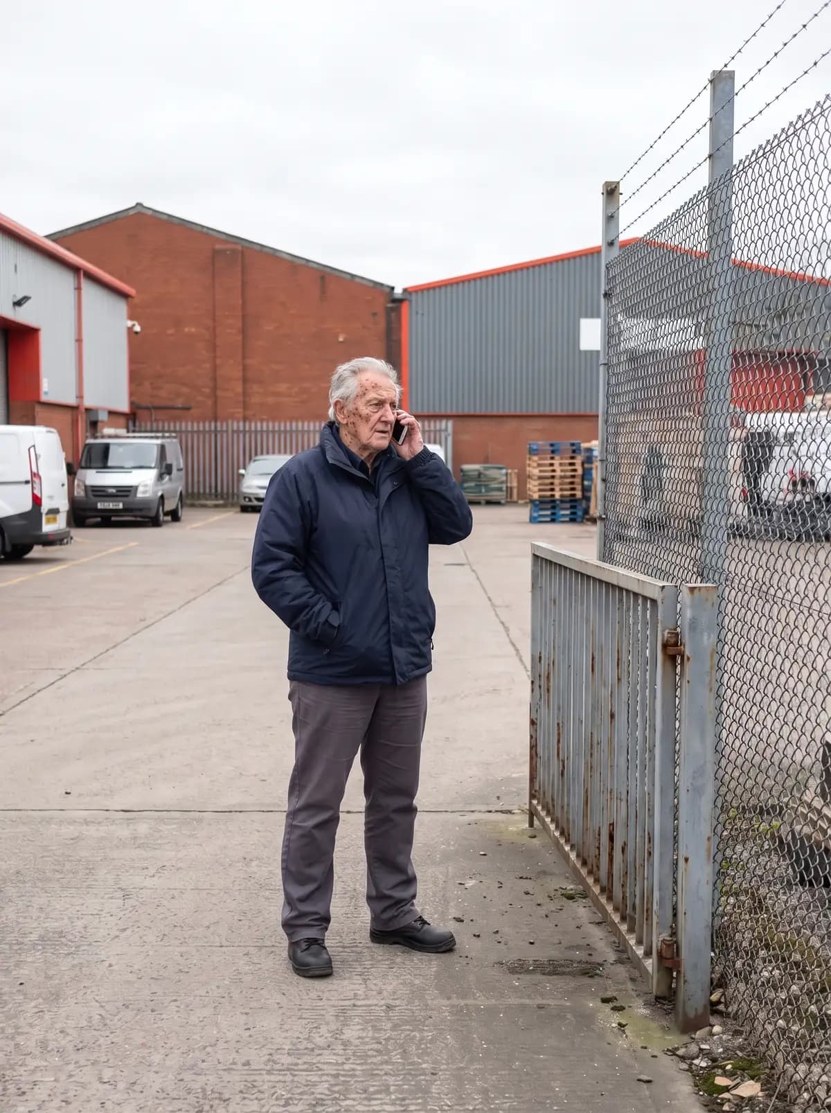 Man on the phone beside an old gate on an industrial site