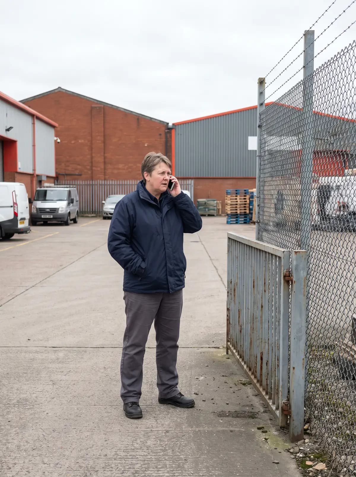 Man on the phone beside an old fence on an industrial site