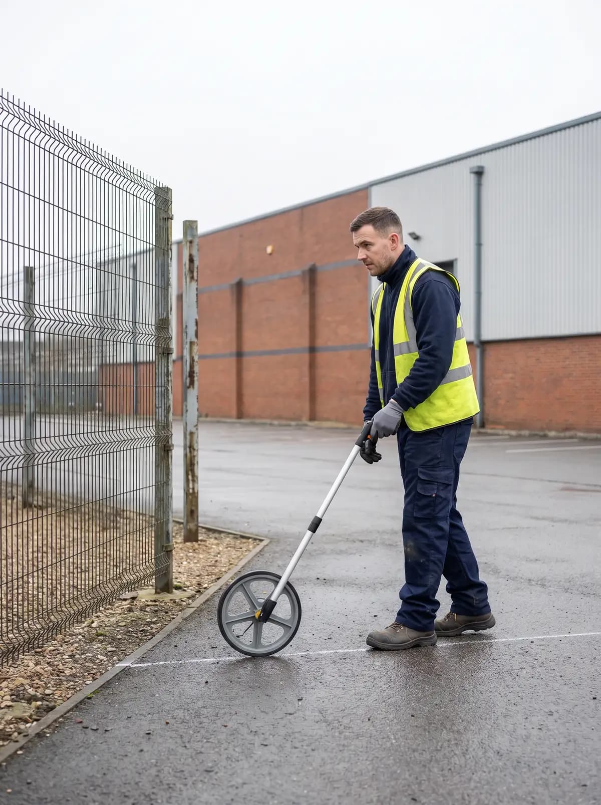 Engineer measuring along a fence line with a measuring wheel