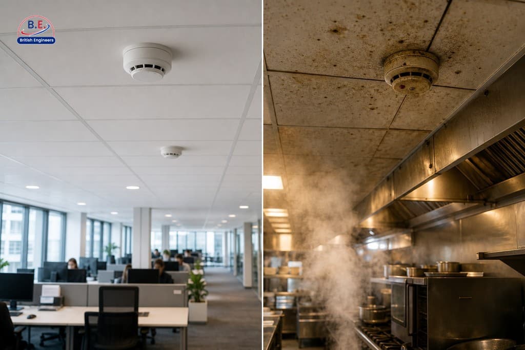 Fire alarm detectors in contrasting environments: clean office ceiling versus steamy commercial kitchen in Manchester