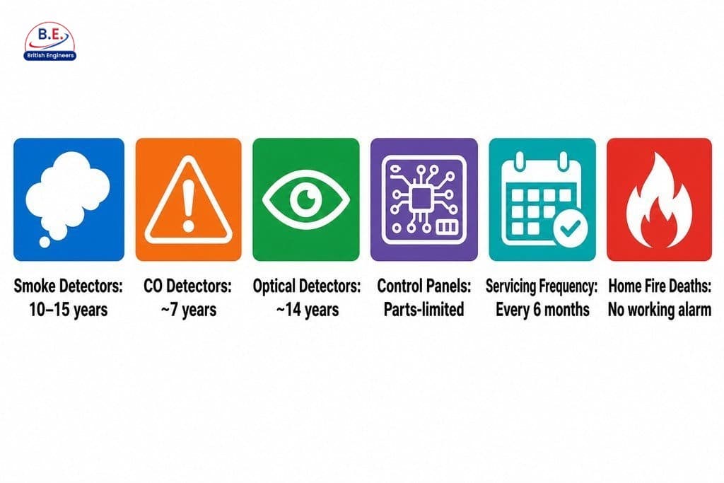 Key lifespans for fire alarm components: smoke detectors 10–15 years, CO detectors 7 years, optical detectors 14 years, panel