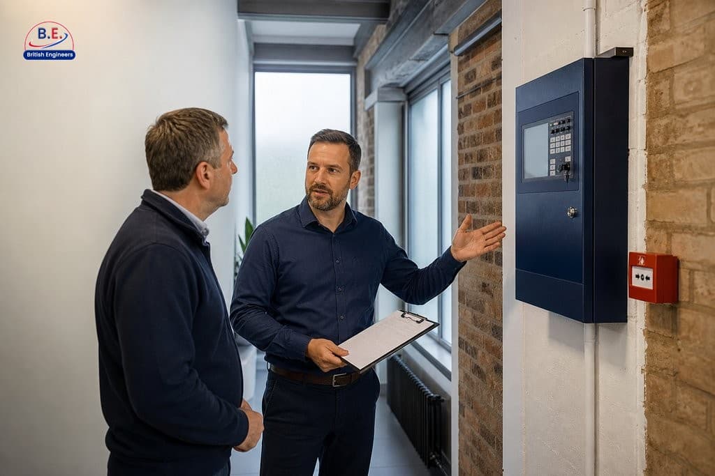 Fire safety engineer conducting a BS 5839 compliance walkthrough with a property manager in a Manchester commercial building.