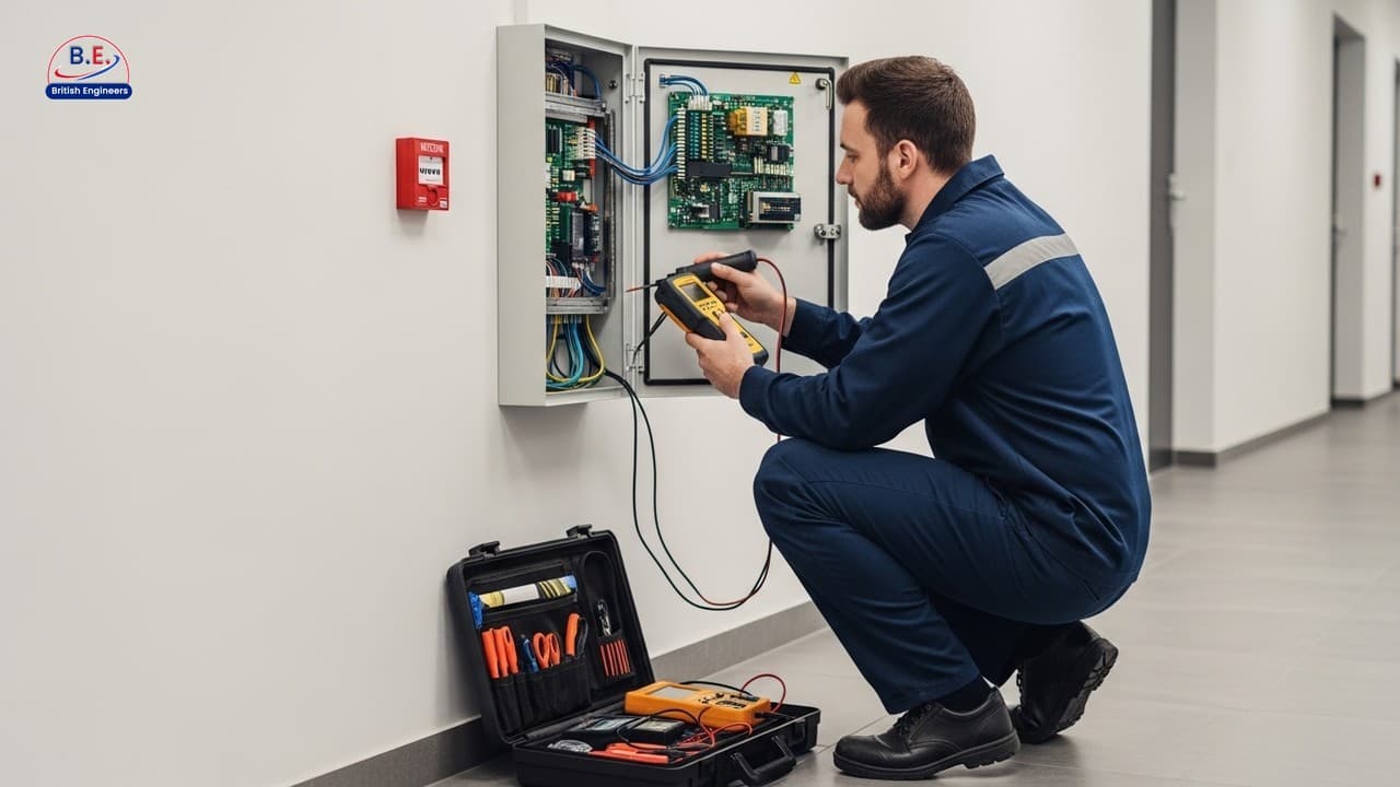 Fire alarm engineer inspecting open control panel during a professional fire alarm service visit in a commercial building
