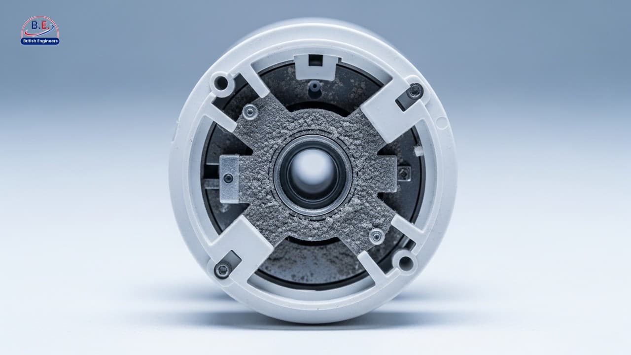 Close-up of dusty smoke detector sensing chamber showing internal contamination between fire alarm services