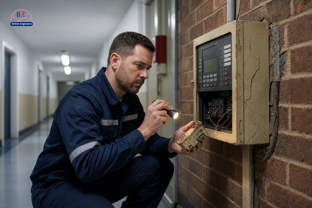 Fire alarm engineer inspecting aged, worn control panel in commercial building corridor, assessing repair vs replacement