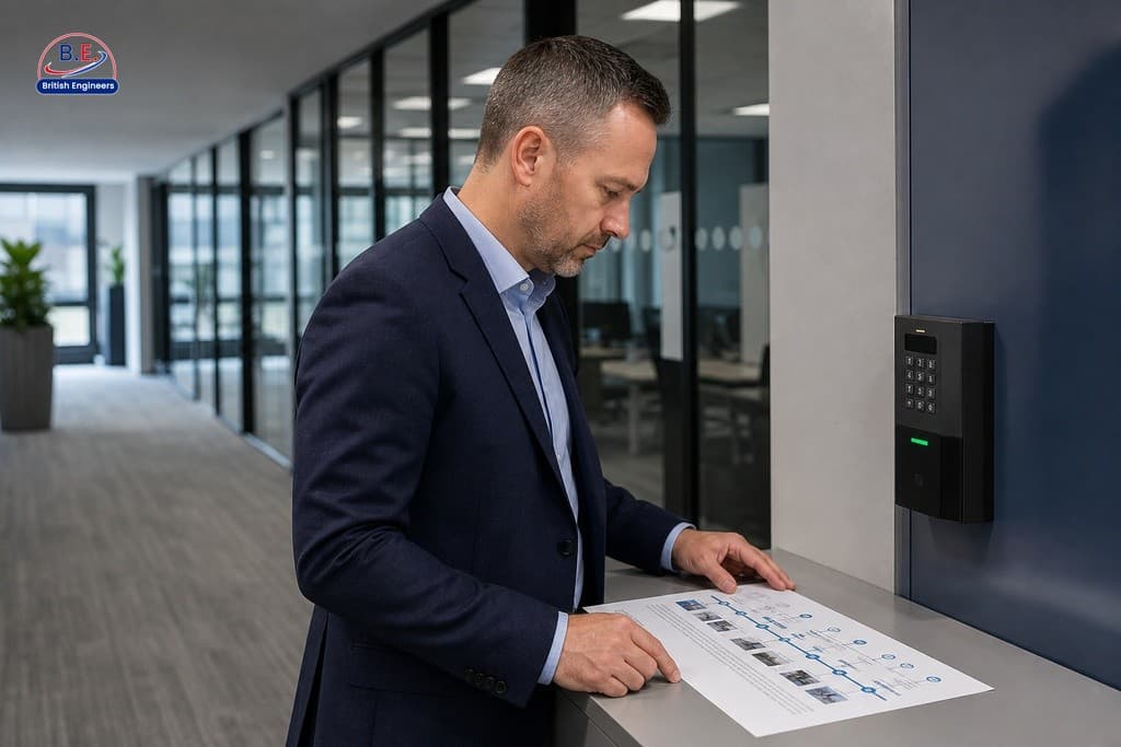 Security manager reviewing access audit trail records beside a commercial door access control panel in Manchester office