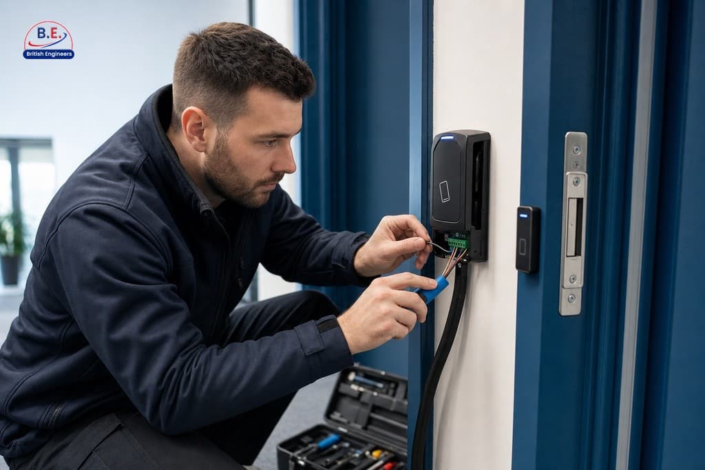 Security engineer installing a tamper-proof access control reader unit on a commercial door frame in a UK office building
