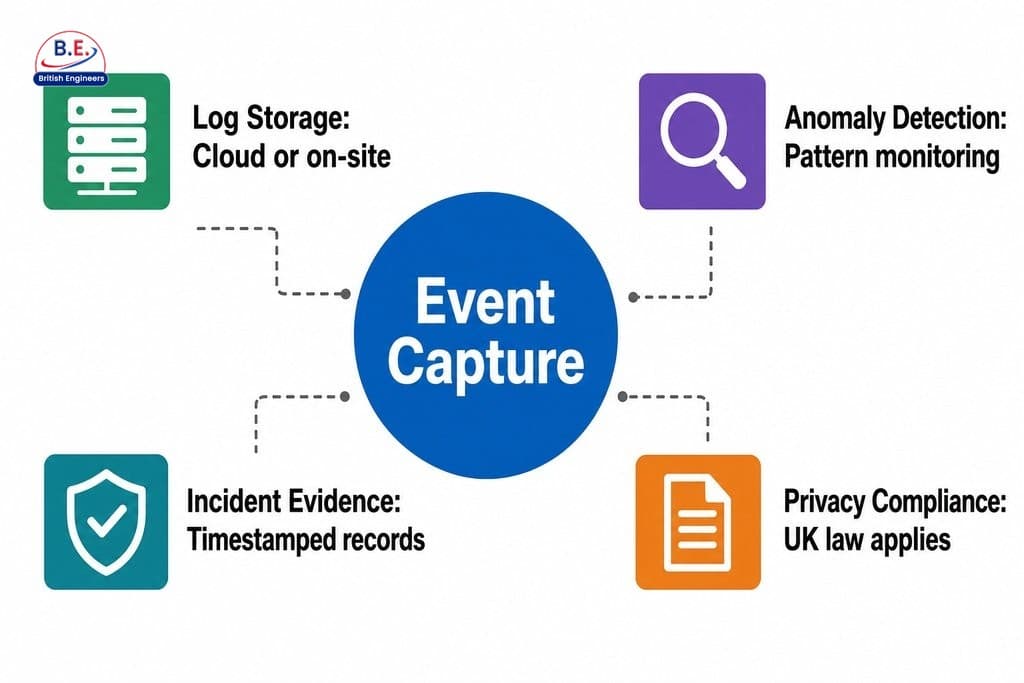 Infographic showing how door access audit trails are recorded, stored, used for investigations, and governed by privacy law.