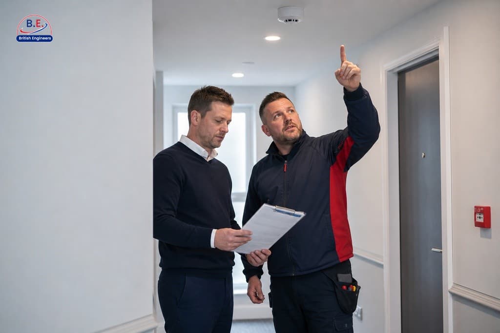 Property manager and certified engineer reviewing fire alarm installation checklist in Manchester apartment corridor