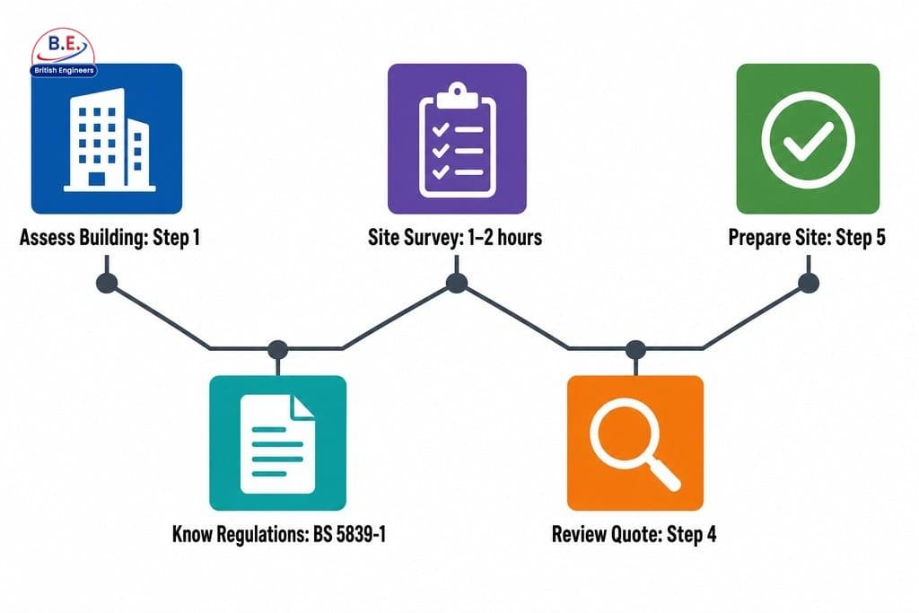 Five steps to plan a fire alarm installation: assess building, understand regulations, consult engineer, review quote, prepar
