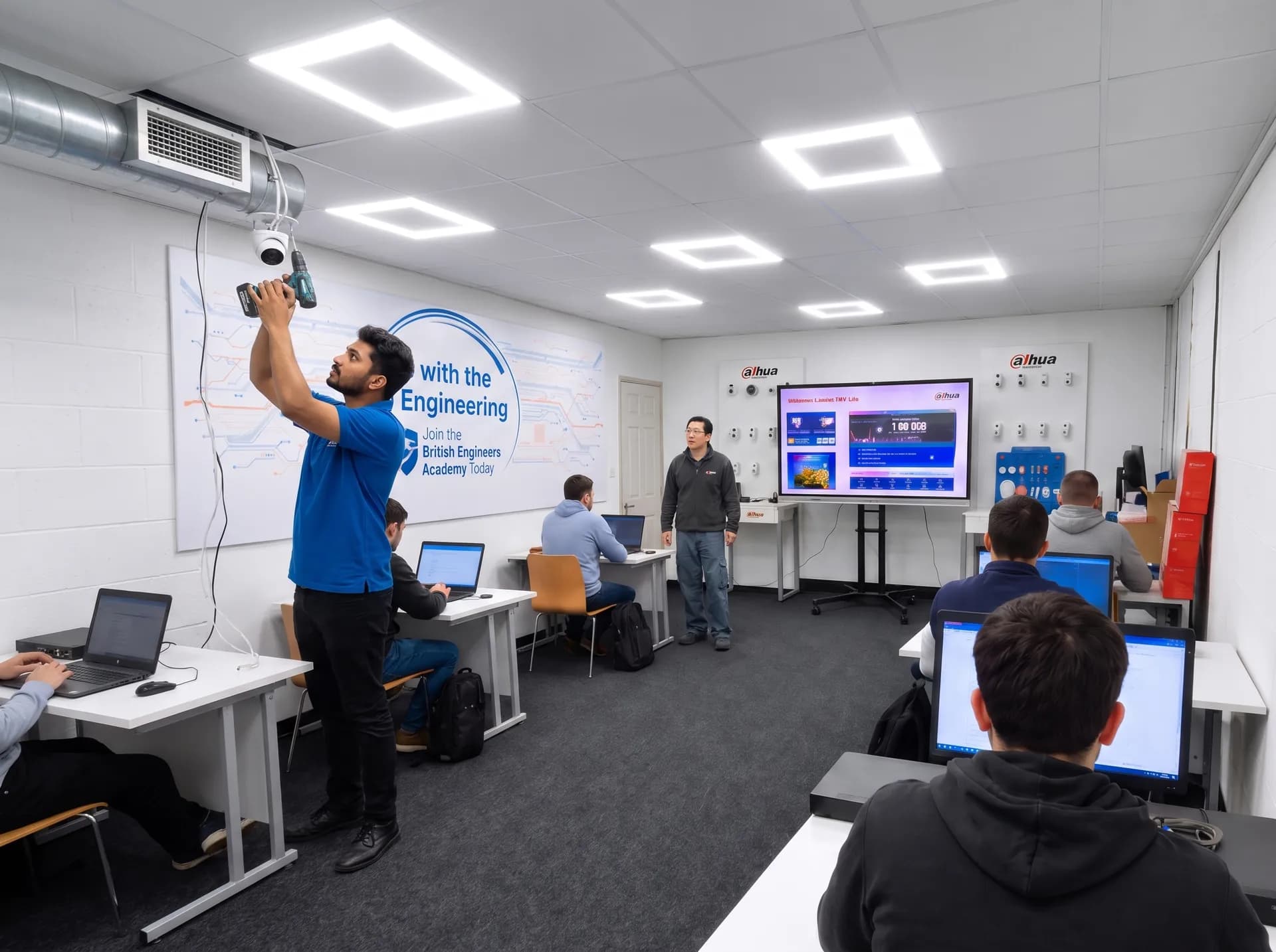 Trainee fitting a camera to the ceiling while others work at computers