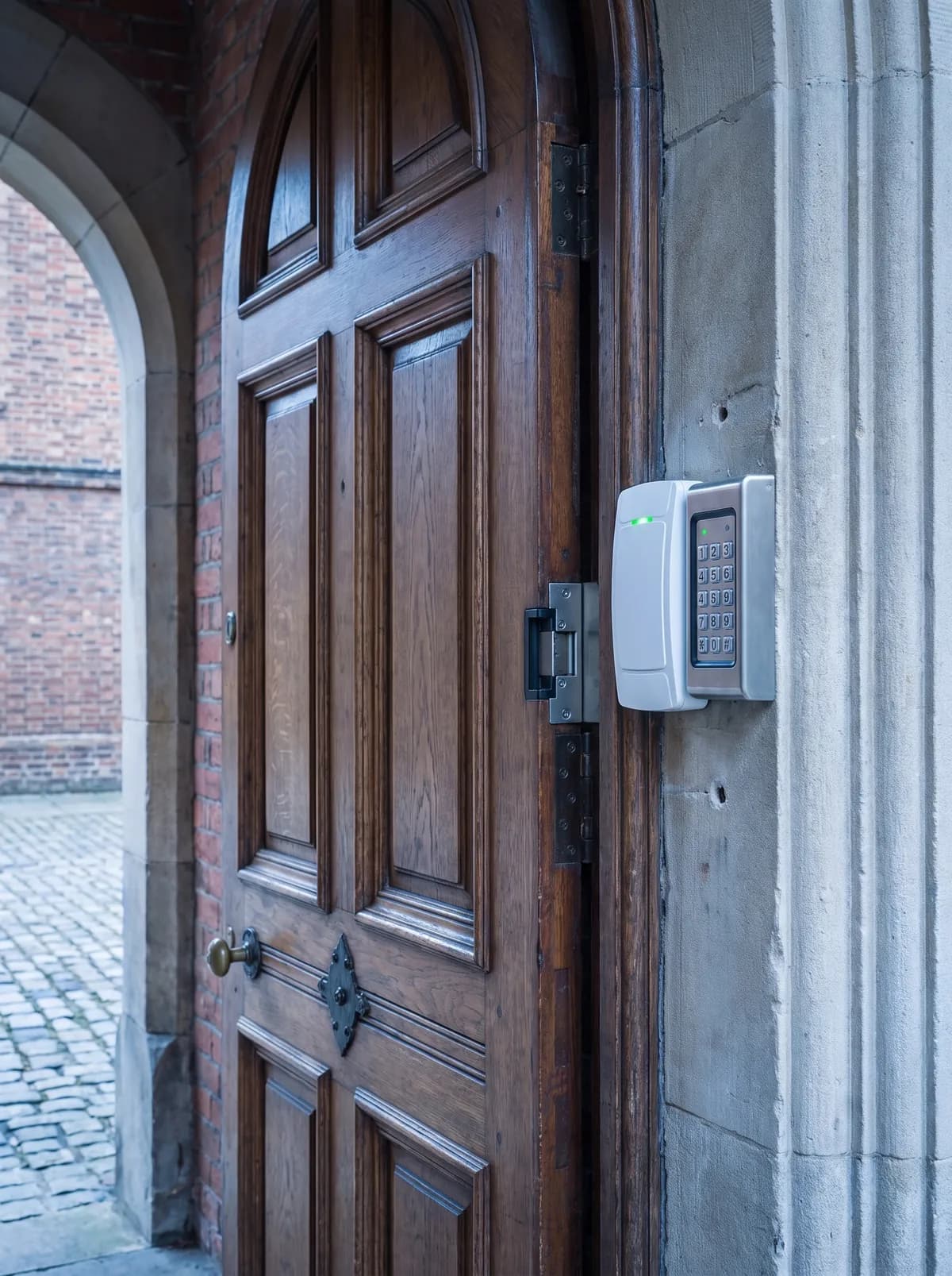 Card reader and keypad beside a large timber entrance door